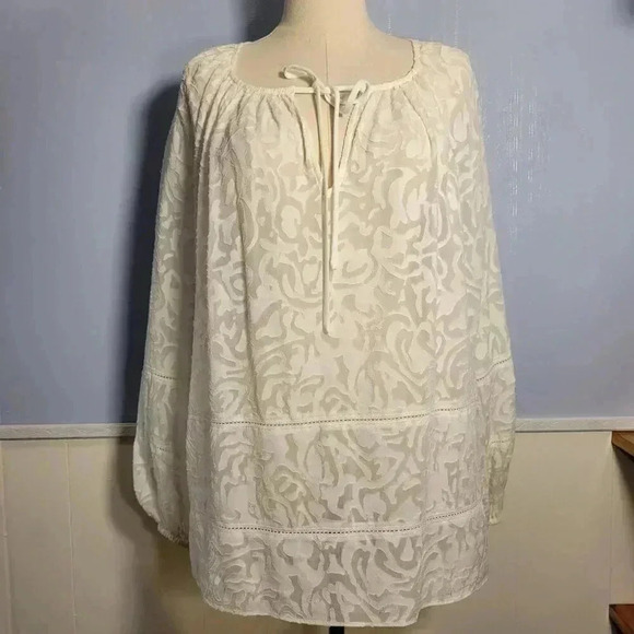 Tanya Taylor 1X Off White Cream Semi Seer Tie Keyhole Long Sleeve Silk B… - Picture 1 of 10